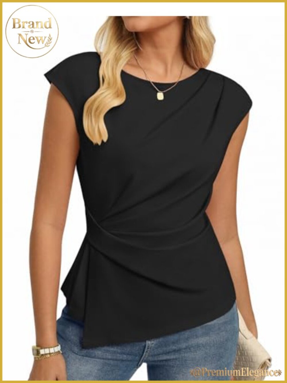 Peplum Blouse with Cap Sleeves and Crew Neck